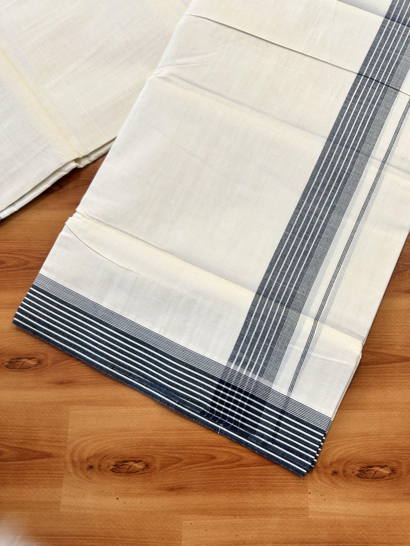 Double Off White (Unbleached) Mundu/Dhoti - 20% Discount! KaithariKada 100% Cotton - 100X80 - 1.5 inch Black Stripes Kara 4 mtr (8.5 Muzham) - 33 KK5451 THI