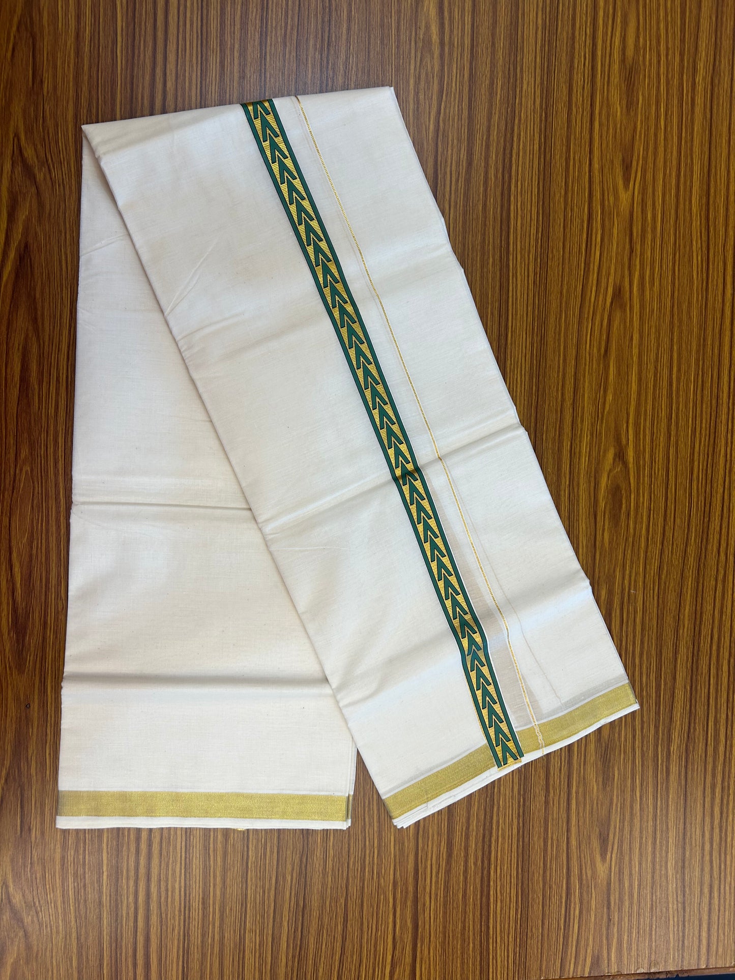 20% Discount!! KaithariKada Balaramapuram 100% Cotton Double Off White - (Unbleached) Mundu/Dhoti - 60x60 - 1 inch Gold Kasav with Green & Black Arrow Printed Design Kara - 80 KK5362 GAN