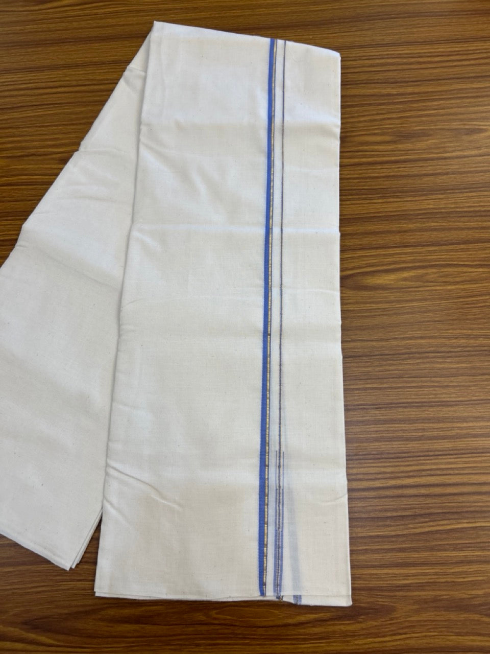 25% Discount!! Signature Kaitharikada Exclusive Single Dhoti - 100% Cotton Balaramapuram Handloom Single Mundu/Dhoti - Off White (Unbleached)- 1 cm Puliyilakkara Lavender & Kasav Chutty Kara (2 meter / 4 muzham) - 3 KK5304KAI