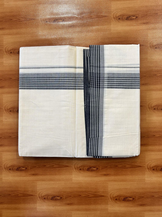 Double Off White (Unbleached) Mundu/Dhoti - 20% Discount! KaithariKada 100% Cotton - 100X80 - 1.5 inch Black Stripes Kara 4 mtr (8.5 Muzham) - 33 KK5451 THI