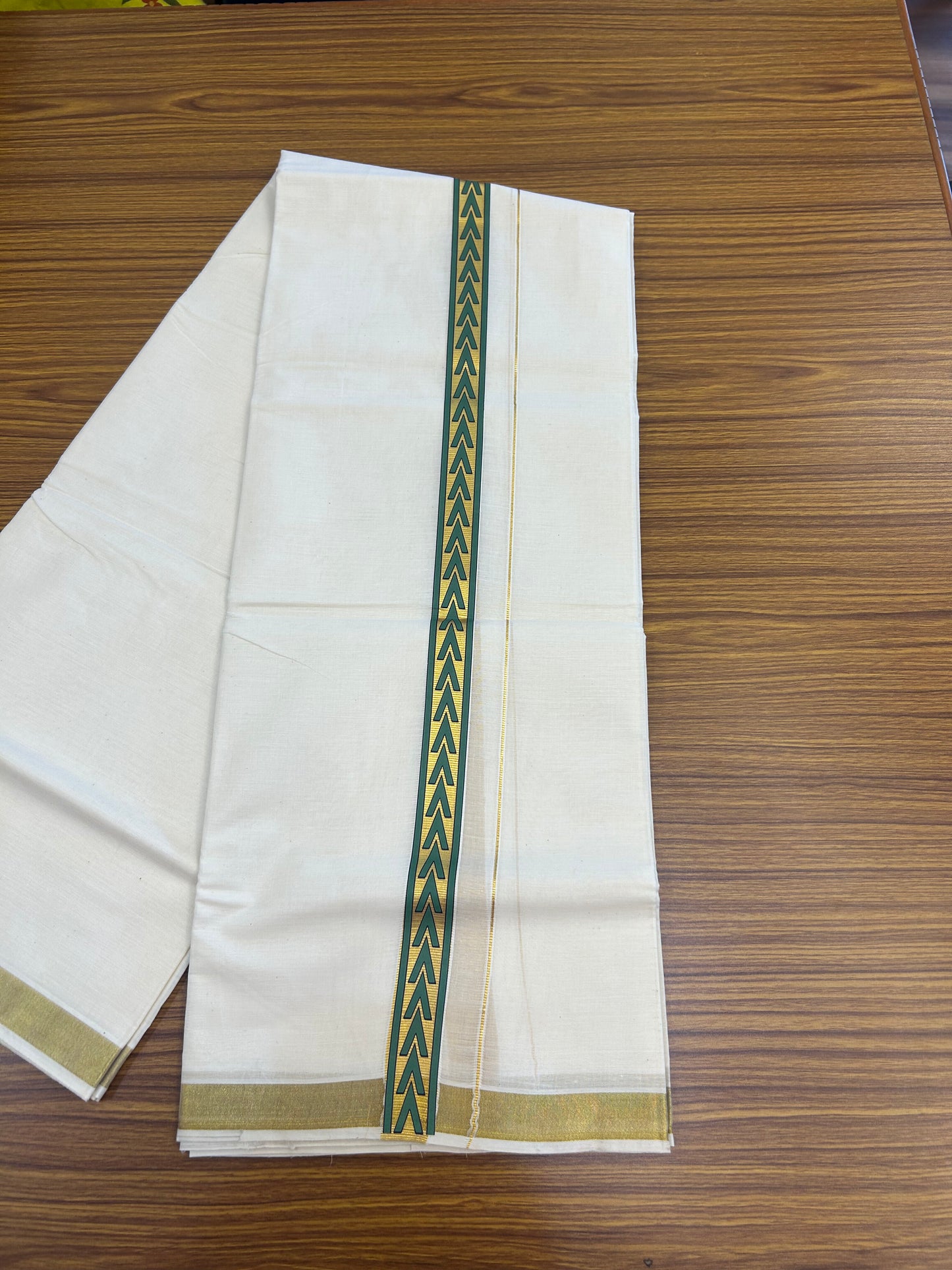 20% Discount!! KaithariKada Balaramapuram 100% Cotton Double Off White - (Unbleached) Mundu/Dhoti - 60x60 - 1 inch Gold Kasav with Green & Black Arrow Printed Design Kara - 80 KK5362 GAN