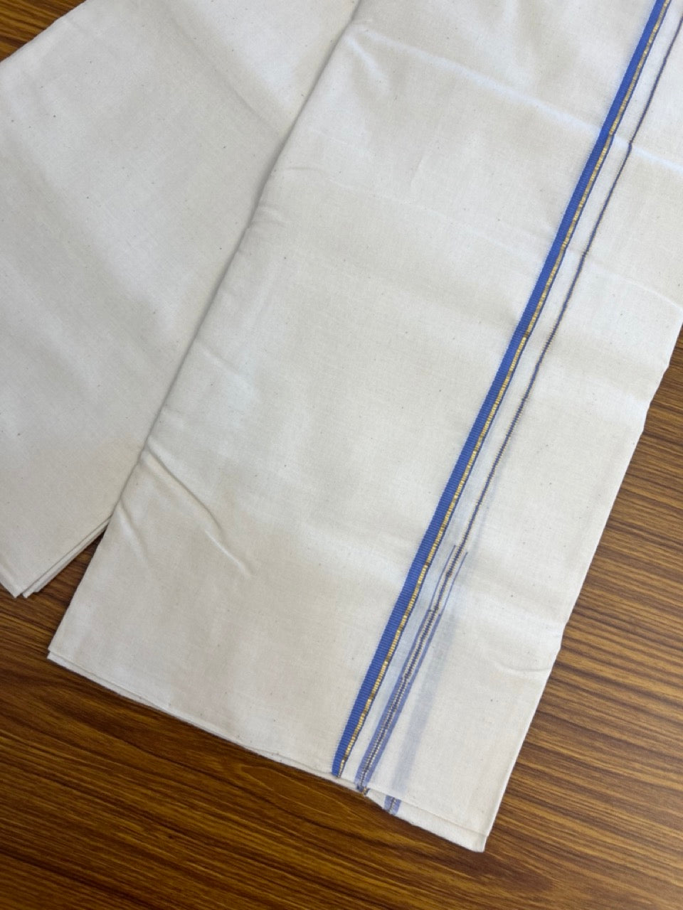 25% Discount!! Signature Kaitharikada Exclusive Single Dhoti - 100% Cotton Balaramapuram Handloom Single Mundu/Dhoti - Off White (Unbleached)- 1 cm Puliyilakkara Lavender & Kasav Chutty Kara (2 meter / 4 muzham) - 3 KK5304KAI