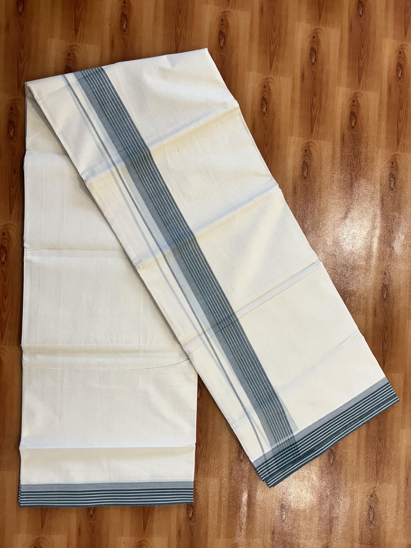 Double Off White (Unbleached) Mundu/Dhoti - 20% Discount! KaithariKada 100% Cotton - 100X80 - 1.5 inch Peacock Green Stripes Kara 4 mtr (8.5 Muzham) - 32 KK5451 THI