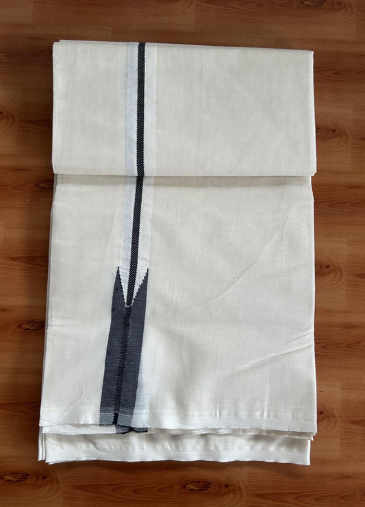 Double Off white Mundu/Dhoti-20% Discount! KaithariKada Balaramapuram 100% Cotton  100x100 - 0.5 cm Puliyilakkara Black Design Chutty Kara - 4 mtr (8.5 muzham) - 43 KK5392 ASH