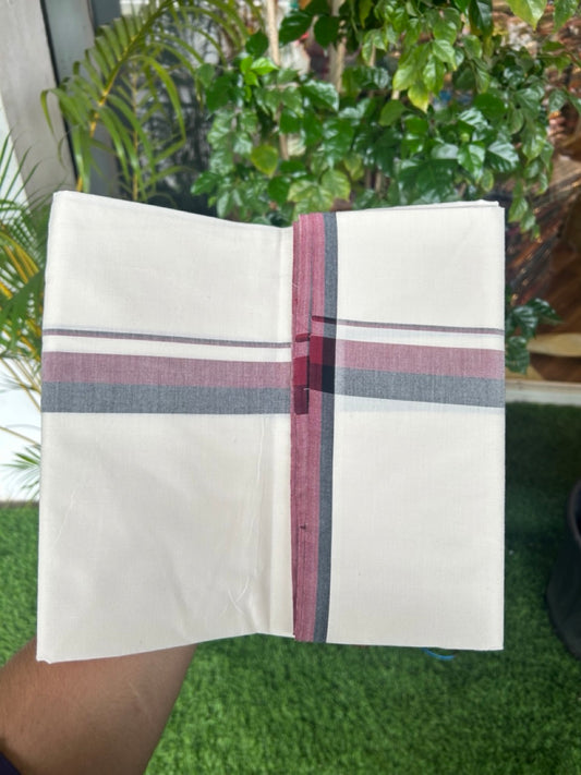 DMK Veshti - 10% DISCOUNT ! KaithariKada Balaramapuram 100% COTTON SINGLE OFF WHITE (Unbleached) Mundu/Dhoti-100X100 - 1.25 inch Puliyilakkara Maroon & Black Shaded Kara (2 meter / 4 muzham) - 11KK5178ASH