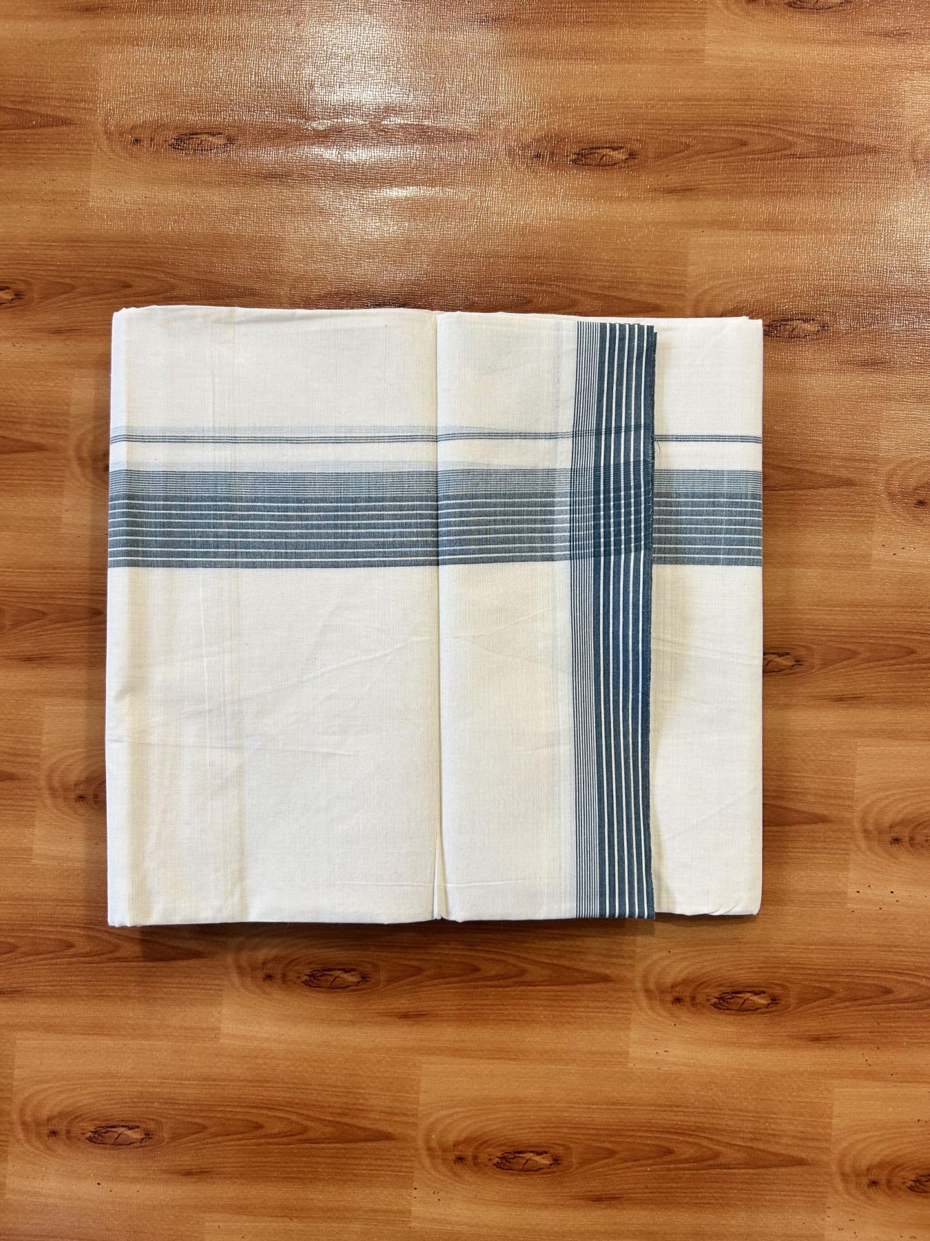 Double Off White (Unbleached) Mundu/Dhoti - 20% Discount! KaithariKada 100% Cotton - 100X80 - 1.5 inch Peacock Green Stripes Kara 4 mtr (8.5 Muzham) - 32 KK5451 THI