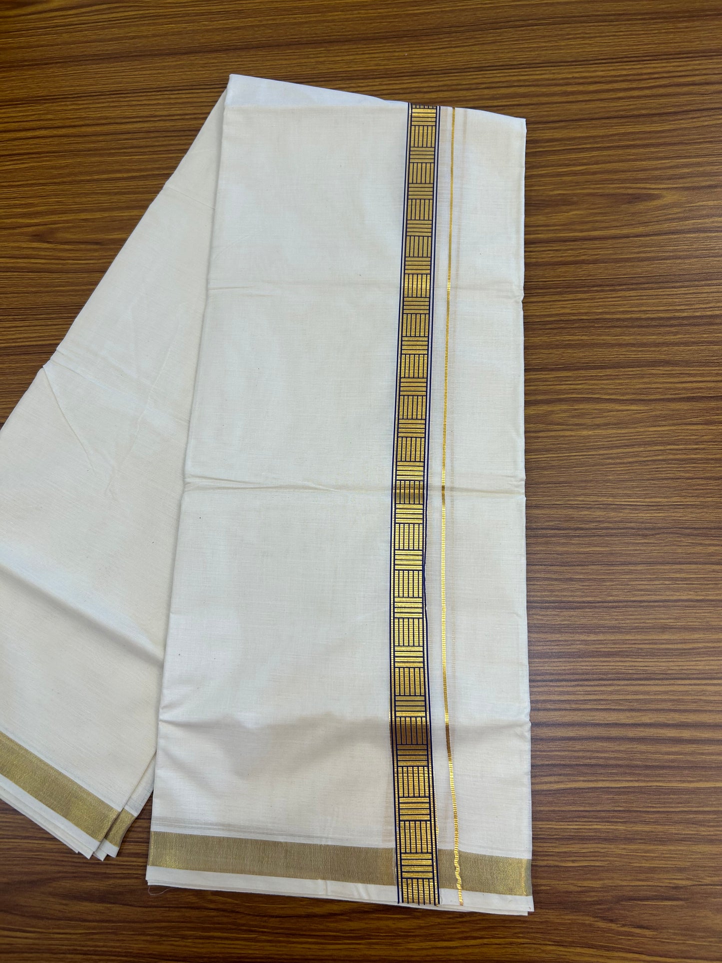 20% Discount!! KaithariKada Balaramapuram 100% Cotton Double Off White - (Unbleached) Mundu/Dhoti (60s) - 1 inch Gold Kasav Dark Blue Pattern Printed Kara - 82 KK5362 GAN