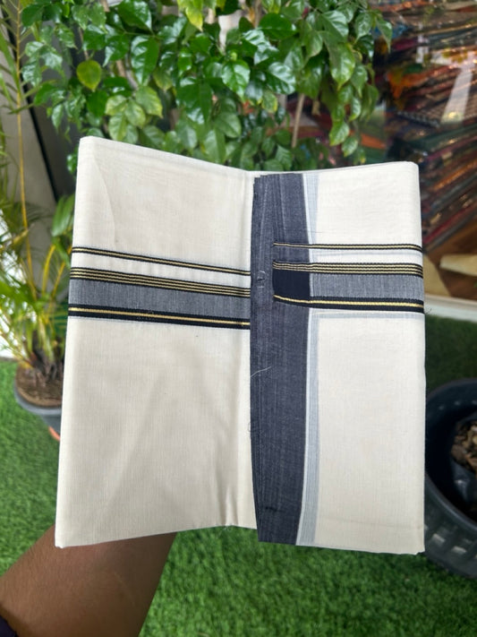SHORT DHOTI SPECIAL! Kaitharikada.com 32% DISCOUNT! KaithariKada Balaramapuram 100% Cotton  Off white (Unbleached) Double Mundu/Dhoti-100x100 - 1.25 inch Kara & 46 inches Height Navy Blue & Kasavu Striped Kara- 3KK5178ASH