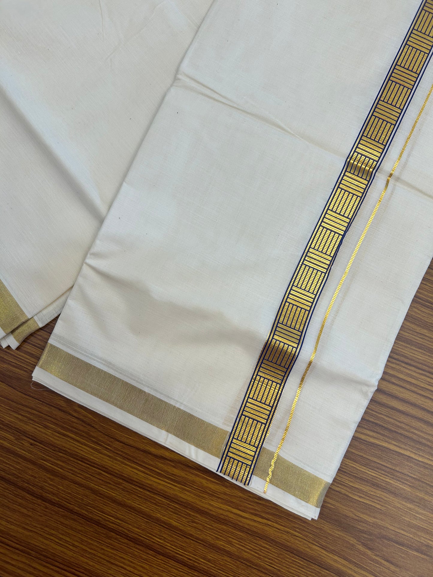 20% Discount!! KaithariKada Balaramapuram 100% Cotton Double Off White - (Unbleached) Mundu/Dhoti (60s) - 1 inch Gold Kasav Dark Blue Pattern Printed Kara - 82 KK5362 GAN