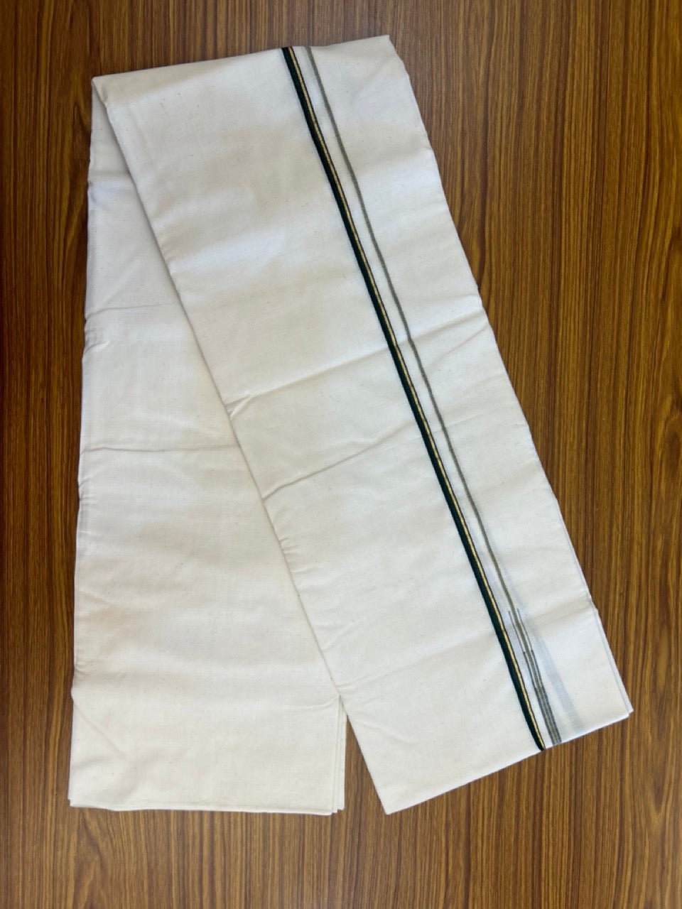 25% Discount!! Signature Kaitharikada Exclusive Single Dhoti - 100% Cotton Balaramapuram Handloom Single Mundu/Dhoti - Off White (Unbleached)- 0.75 cm Puliyilakkara Green & Kasav Chutty Kara (2 meter / 4 muzham) - 5 KK5304KAI