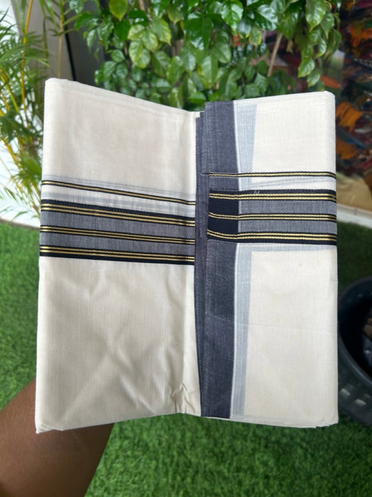 SHORT DHOTI SPECIAL! Kaitharikada.com 32% DISCOUNT! KaithariKada Balaramapuram 100% Cotton  Off white (Unbleached) Double Mundu/Dhoti-100x100 - 1.25 inch Kara & 46 inches Height Navy Blue & Kasavu Striped Kara- 2KK5178ASH