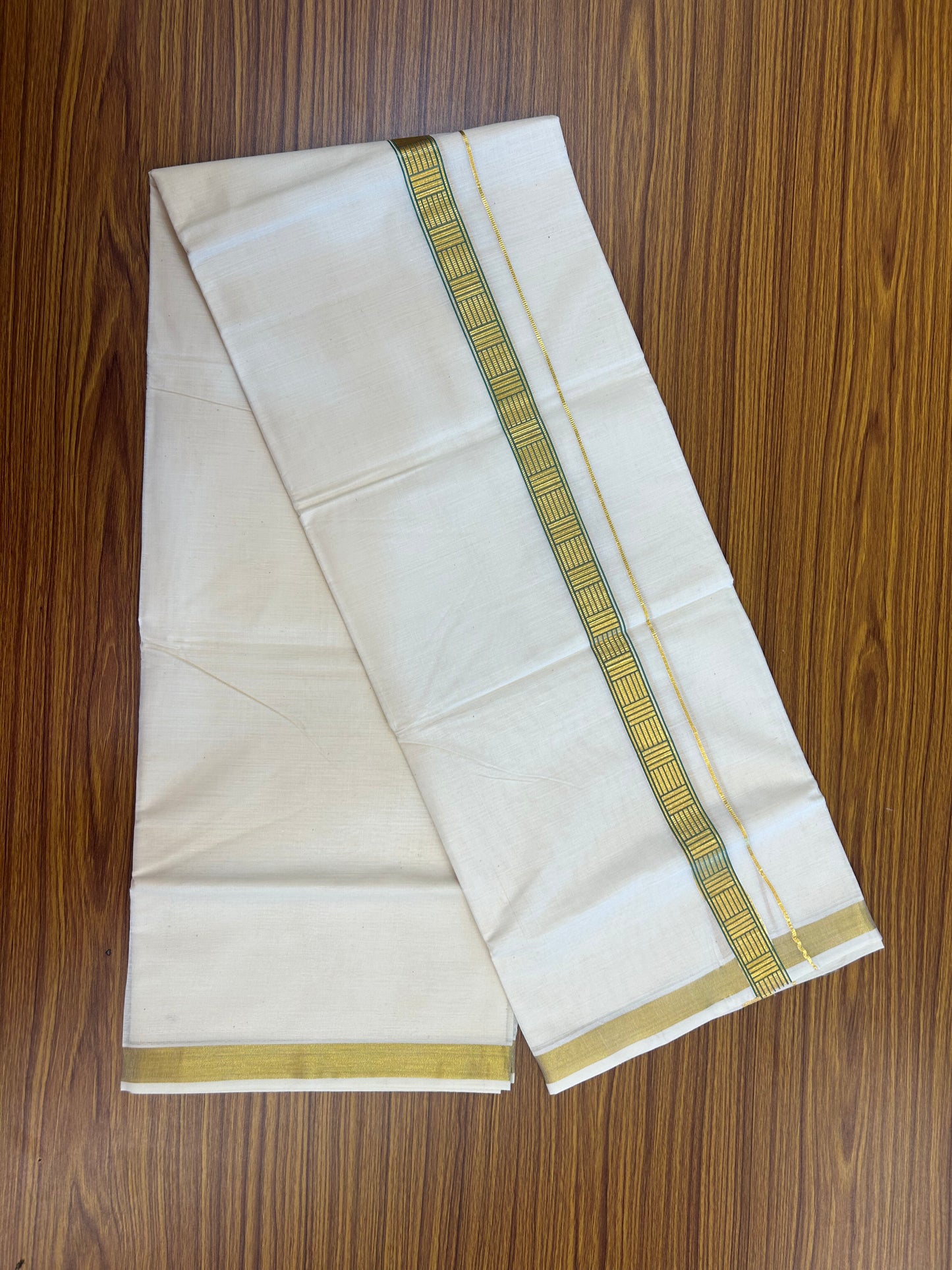20% Discount!! KaithariKada Balaramapuram 100% Cotton Double Off White - (Unbleached) Mundu/Dhoti (60s) - 1 inch Gold Kasav Parrot Green Pattern Printed Kara - 83 KK5362 GAN
