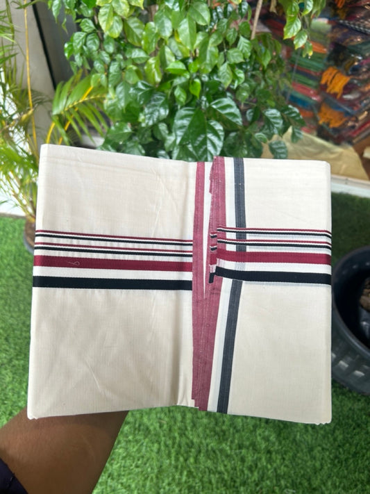 ADMK VESHTI - 21% DISCOUNT! KaithariKada 100% Cotton off white Double - (Unbleached) Mundu/Dhoti - 100X100 - 1 inch Black White & Maroon kara - 10KK5178ASH