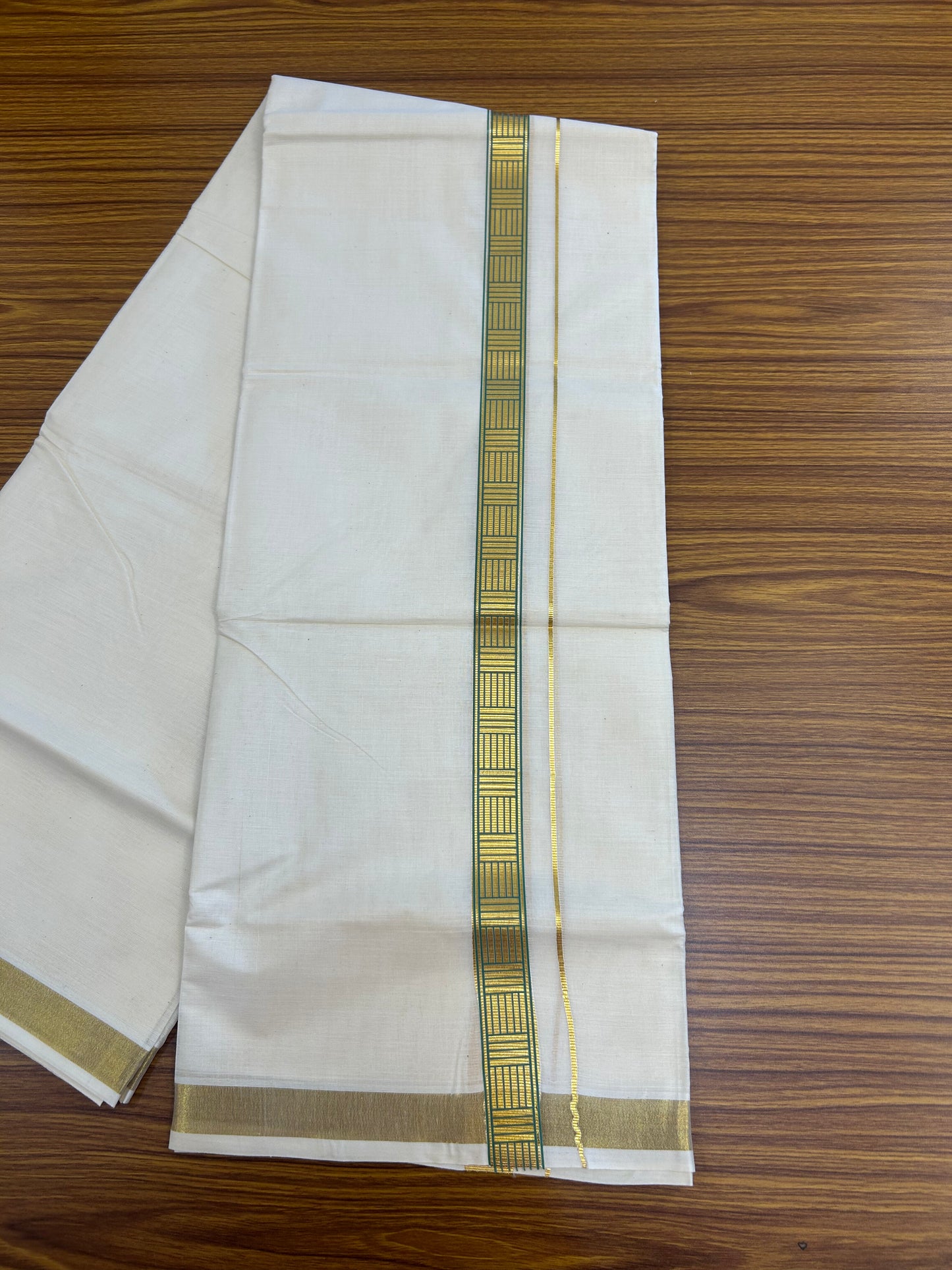 20% Discount!! KaithariKada Balaramapuram 100% Cotton Double Off White - (Unbleached) Mundu/Dhoti (60s) - 1 inch Gold Kasav Parrot Green Pattern Printed Kara - 83 KK5362 GAN