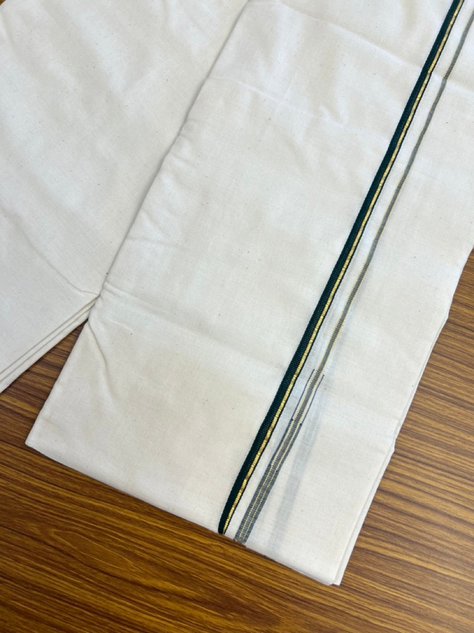 25% Discount!! Signature Kaitharikada Exclusive Single Dhoti - 100% Cotton Balaramapuram Handloom Single Mundu/Dhoti - Off White (Unbleached)- 0.75 cm Puliyilakkara Green & Kasav Chutty Kara (2 meter / 4 muzham) - 5 KK5304KAI