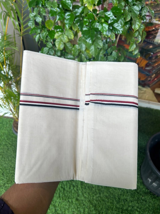 ADMK VESHTI - 17% DISCOUNT! KaithariKada 100% Cotton off white Double - (Unbleached) Mundu/Dhoti - 100X100 - 0.5 inch Black White & Maroon kara - 9KK5178ASH