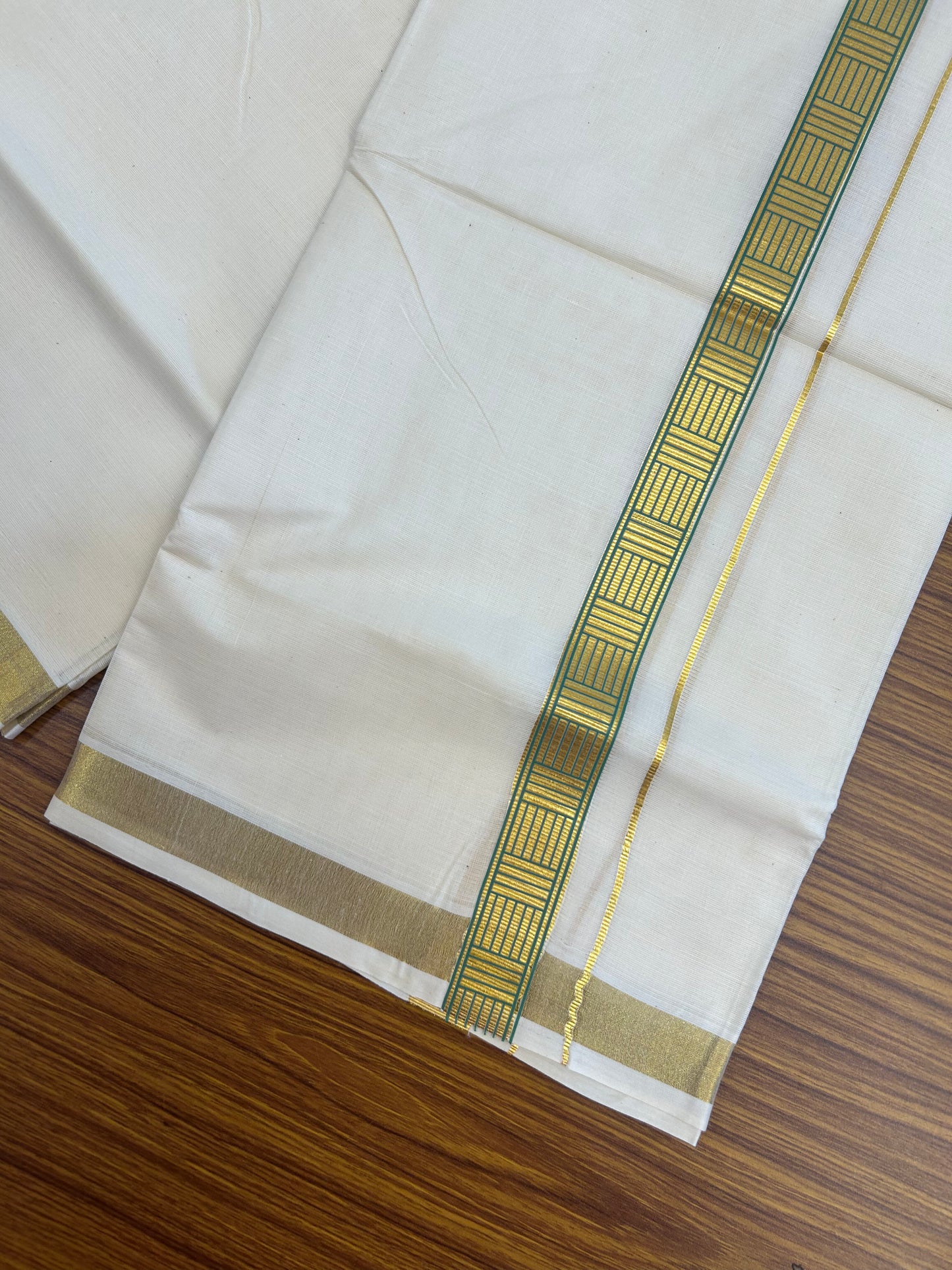 20% Discount!! KaithariKada Balaramapuram 100% Cotton Double Off White - (Unbleached) Mundu/Dhoti (60s) - 1 inch Gold Kasav Parrot Green Pattern Printed Kara - 83 KK5362 GAN