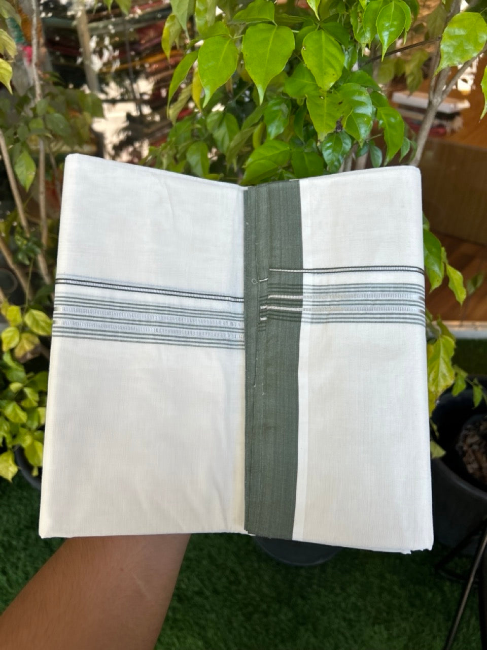 20% Discount KaithariKada Balaramapuram 100% Cotton Double Off white - (Unbleached) - Mundu/Dhoti - 100x100 - 1.25 inch Silver Kasav & Olive Green Shaded Striped Kara - 6 KK5303 ASH