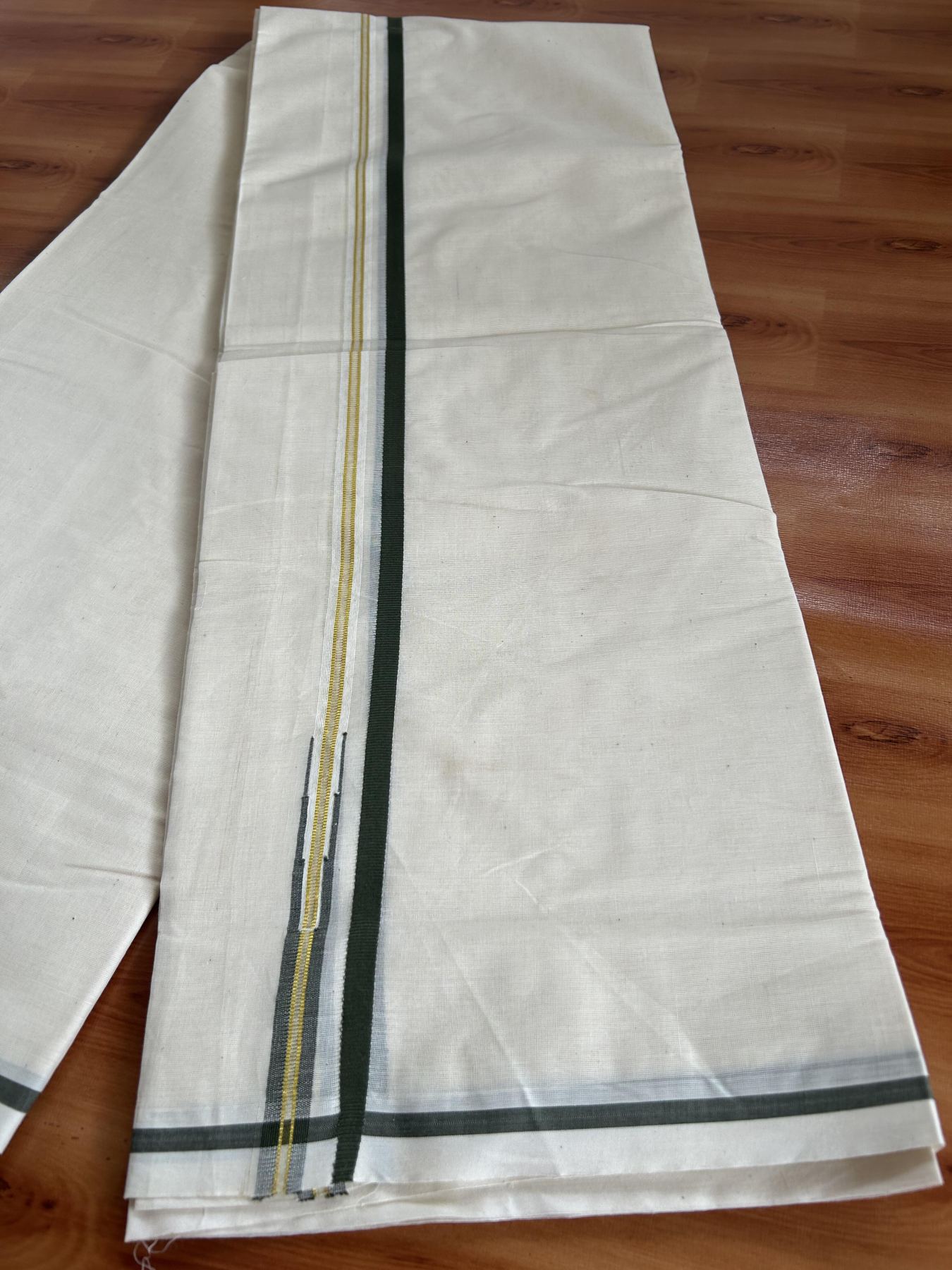 Double Off white - (Unbleached) Mundu/Dhoti- 20% Discount! KaithariKada Balaramapuram 100% Cotton - 100x100  1 cm Puliyilakkara Gold Kasav & Dark Olive Green Chutty Kara - 4 mtr (8.5 muzham)- 37 KK5392 ASH