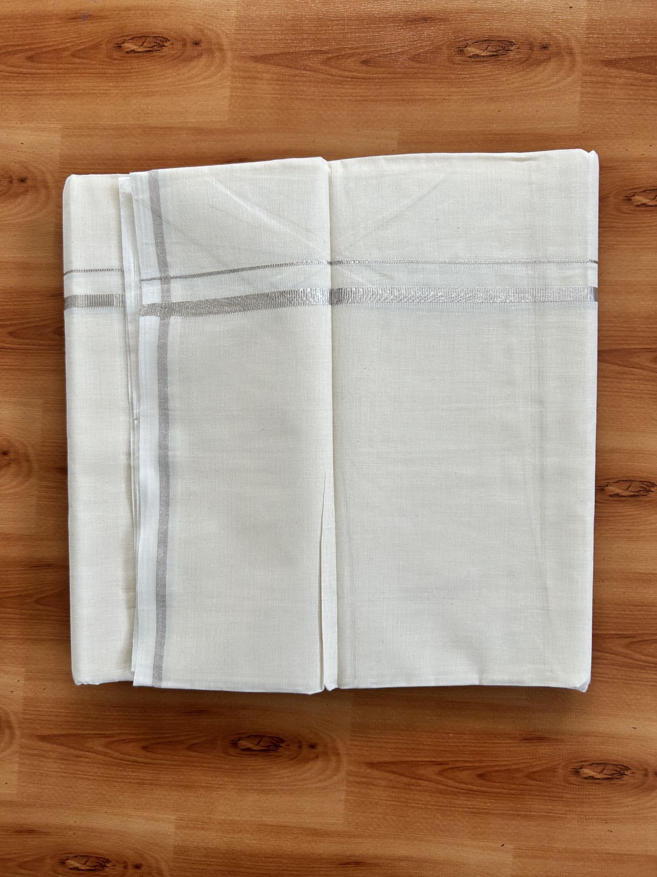 Double Off White (Unbleached) Mundu/Dhoti- 20% Discount! KaithariKada Pure Cotton - 100X80 - 0.3 inch Silver Kasav Kara - 4 mtr (8.5 Muzham) - 33 KK5452 THI