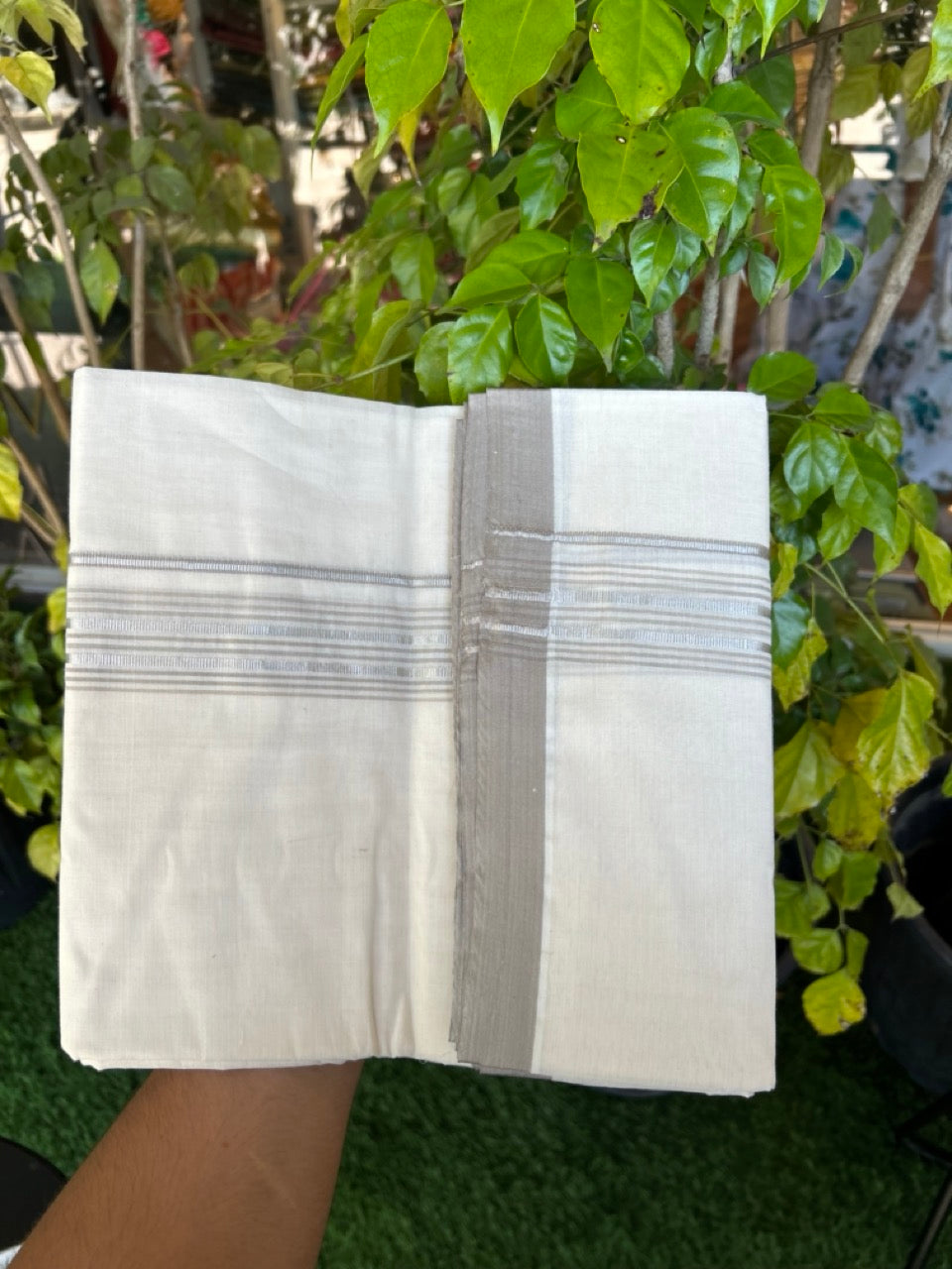 20% Discount KaithariKada Balaramapuram 100% Cotton Double Off white - (Unbleached) - Mundu/Dhoti - 100x100 - 1.25 inch Silver Kasav & Dark Beige Shaded Striped Kara - 5 KK5303 ASH