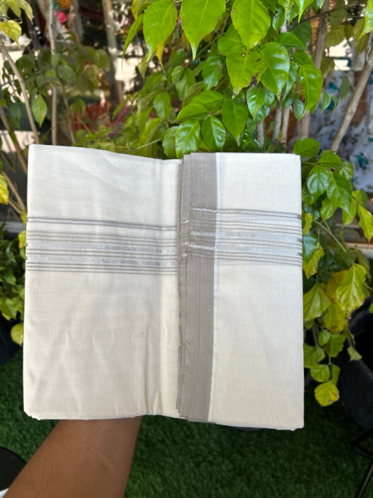 20% Discount KaithariKada Balaramapuram 100% Cotton Double Off white - (Unbleached) - Mundu/Dhoti - 100x100 - 1.25 inch Silver Kasav & Dark Beige Shaded Striped Kara - 5 KK5303 ASH