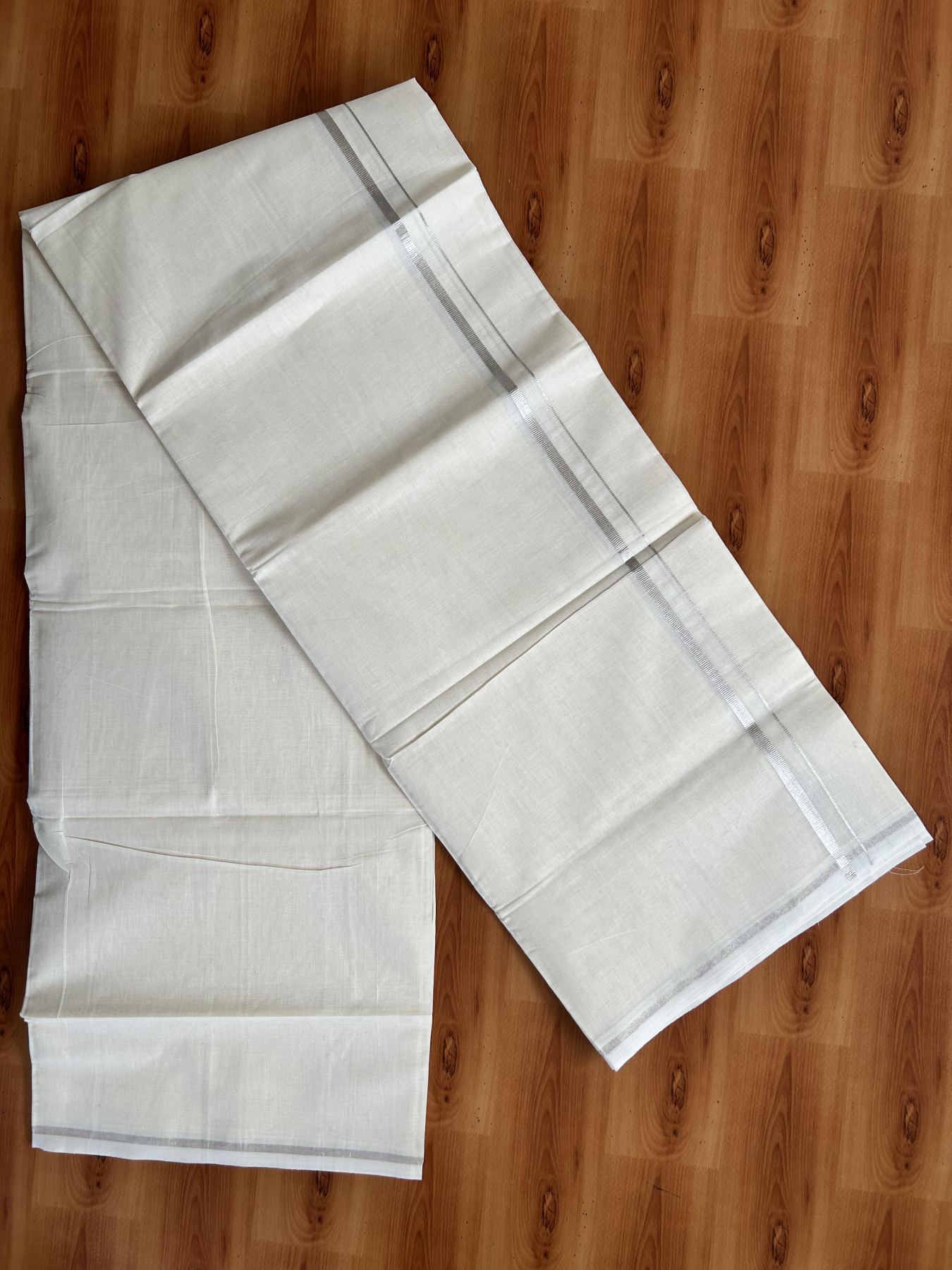 Double Off White (Unbleached) Mundu/Dhoti- 20% Discount! KaithariKada Pure Cotton - 100X80 - 0.3 inch Silver Kasav Kara - 4 mtr (8.5 Muzham) - 33 KK5452 THI