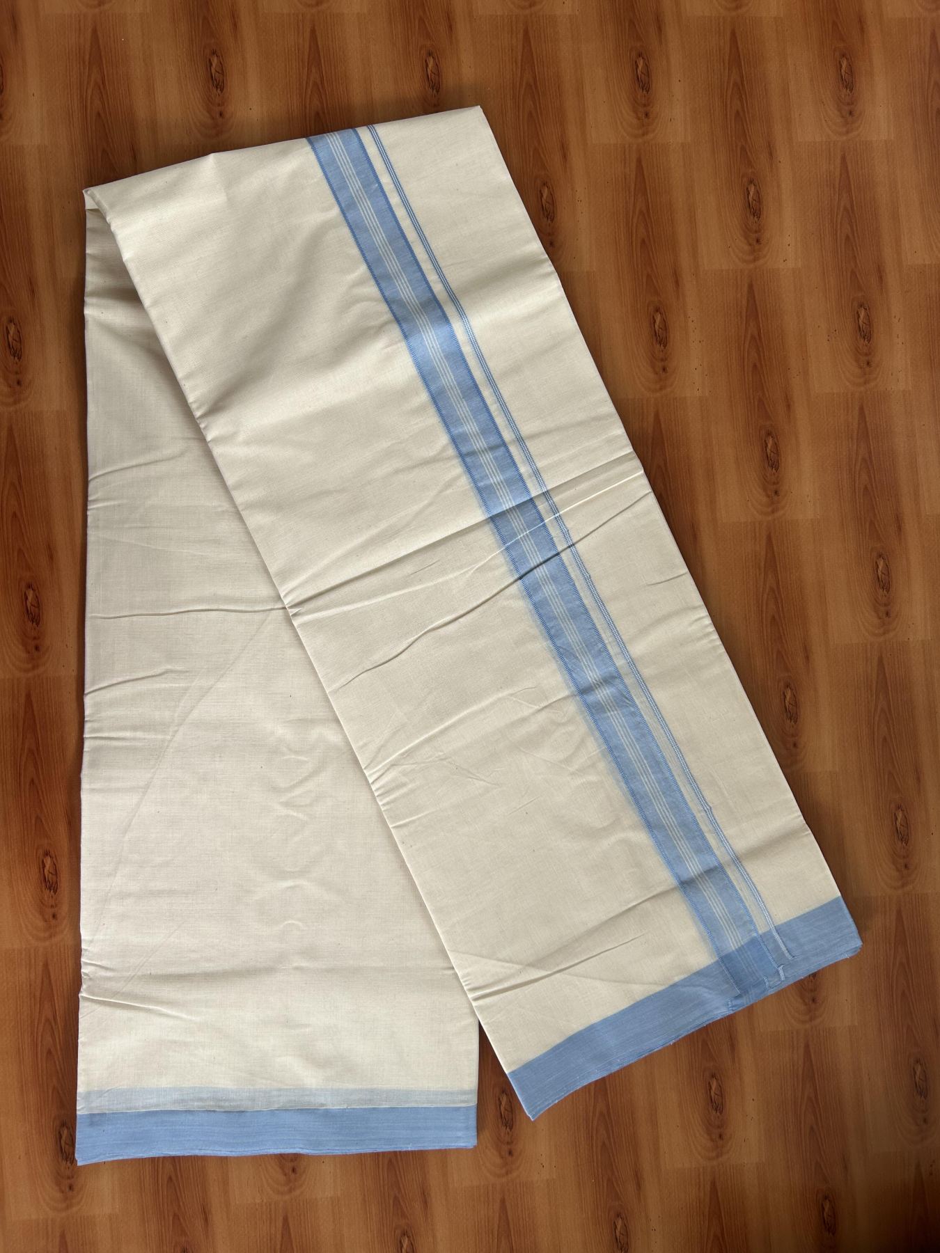 Double Off white (Unbleached) Mundu/Dhoti - 20% Discount KaithariKada Balaramapuram 100% Cotton - 100x100 - 1.25 inch Sky Blue Shaded Striped Kara - 34 KK5392 ASH