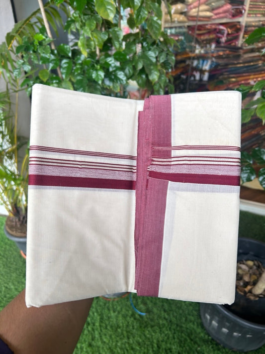 19% Discount KaithariKada Balaramapuram 100% Cotton Double Off white - (Unbleached) - Mundu/Dhoti - 100x100 - 1.25 inch Silver Kasavu & Maroon Striped Kara - 4KK5178ASH
