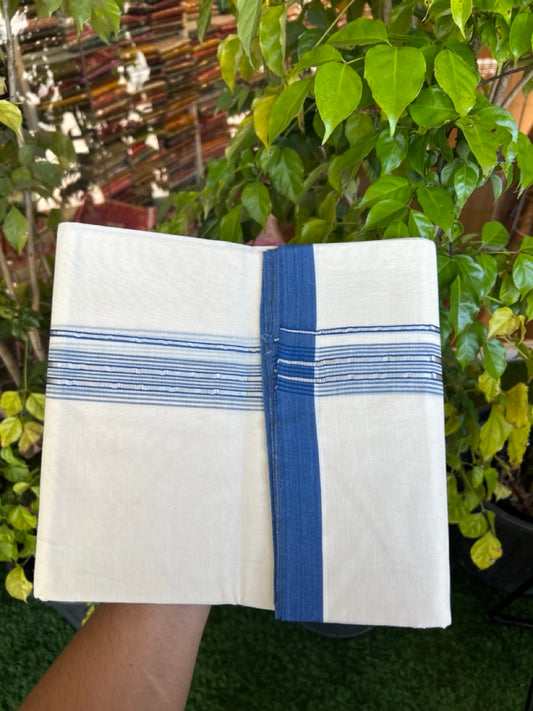 20% Discount KaithariKada Balaramapuram 100% Cotton Double Off white - (Unbleached) - Mundu/Dhoti - 100x100 - 1.25 inch Silver Kasav & Dark Blue Shaded Striped Kara - 2 KK5303 ASH