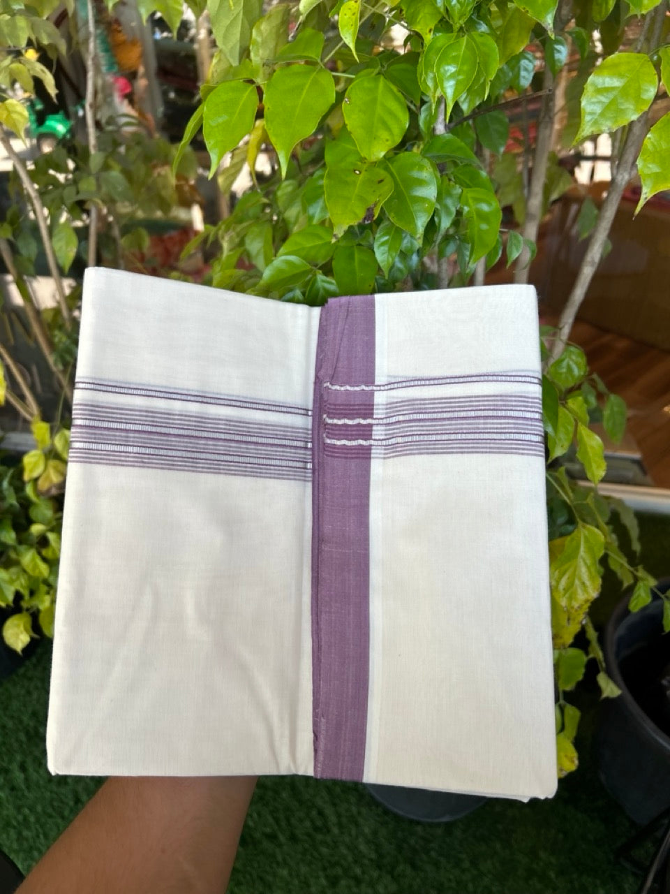 20% Discount KaithariKada Balaramapuram 100% Cotton Double Off white - (Unbleached) - Mundu/Dhoti - 100x100 - 1.25 inch Silver Kasav & Light Purple Shaded Striped Kara - 4 KK5303 ASH
