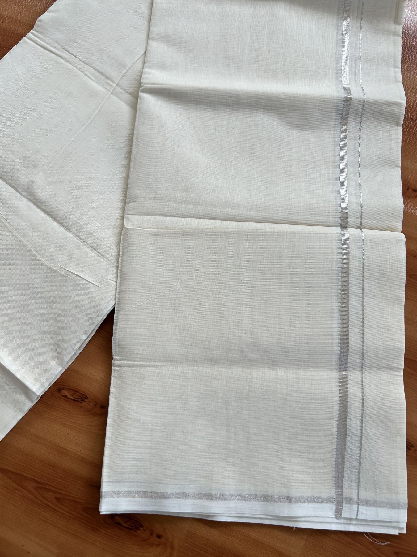 Double Off White (Unbleached) Mundu/Dhoti- 20% Discount! KaithariKada Pure Cotton - 100X80 - 0.3 inch Silver Kasav Kara - 4 mtr (8.5 Muzham) - 33 KK5452 THI