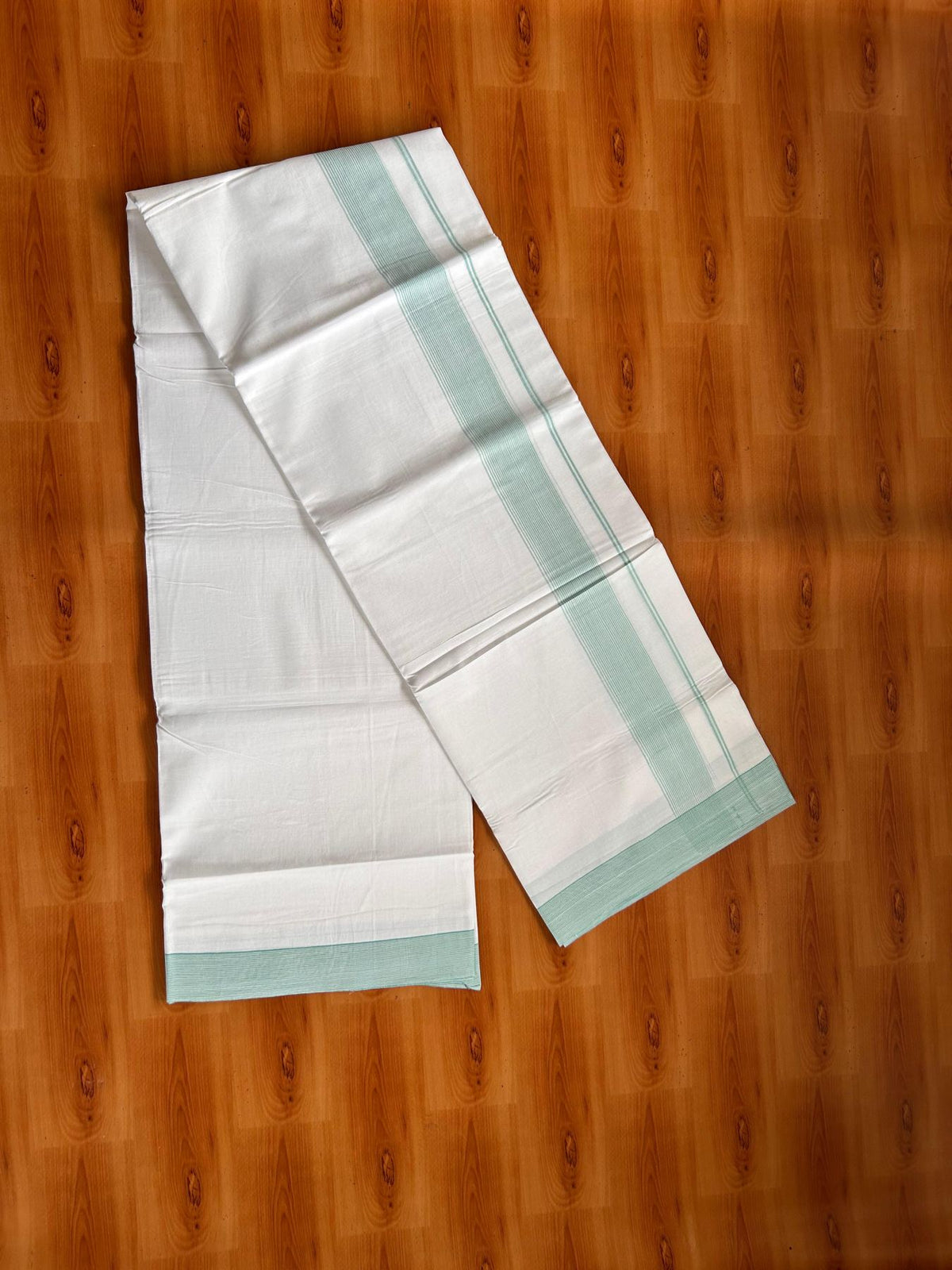 Double Pure White Mundu/Dhoti -20% Discount! KaithariKada 100% Cotton - 100x80 - 1.5 Inch Turquoise Green Striped Kara - 3.80 mtr (8 muzham) - 1 KK5519 PMC