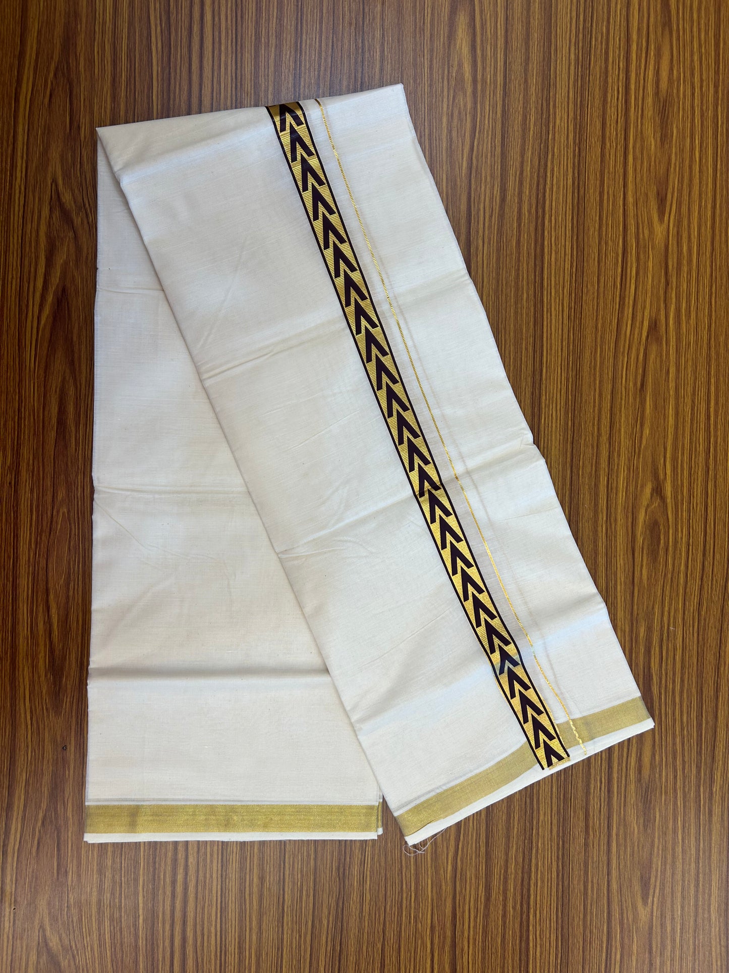 20% Discount!! KaithariKada Balaramapuram 100% Cotton Double Off White - (Unbleached) Mundu/Dhoti - 60x60 - 1 inch Gold Kasav with Chocolate Brown Arrow Printed Design Kara - 81 KK5362 GAN