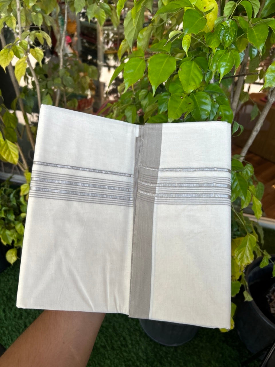 20% Discount KaithariKada Balaramapuram 100% Cotton Double Off white - (Unbleached) - Mundu/Dhoti - 100x100 - 1.25 inch Silver Kasav & Dark Beige Shaded Striped Kara - 3 KK5303 ASH
