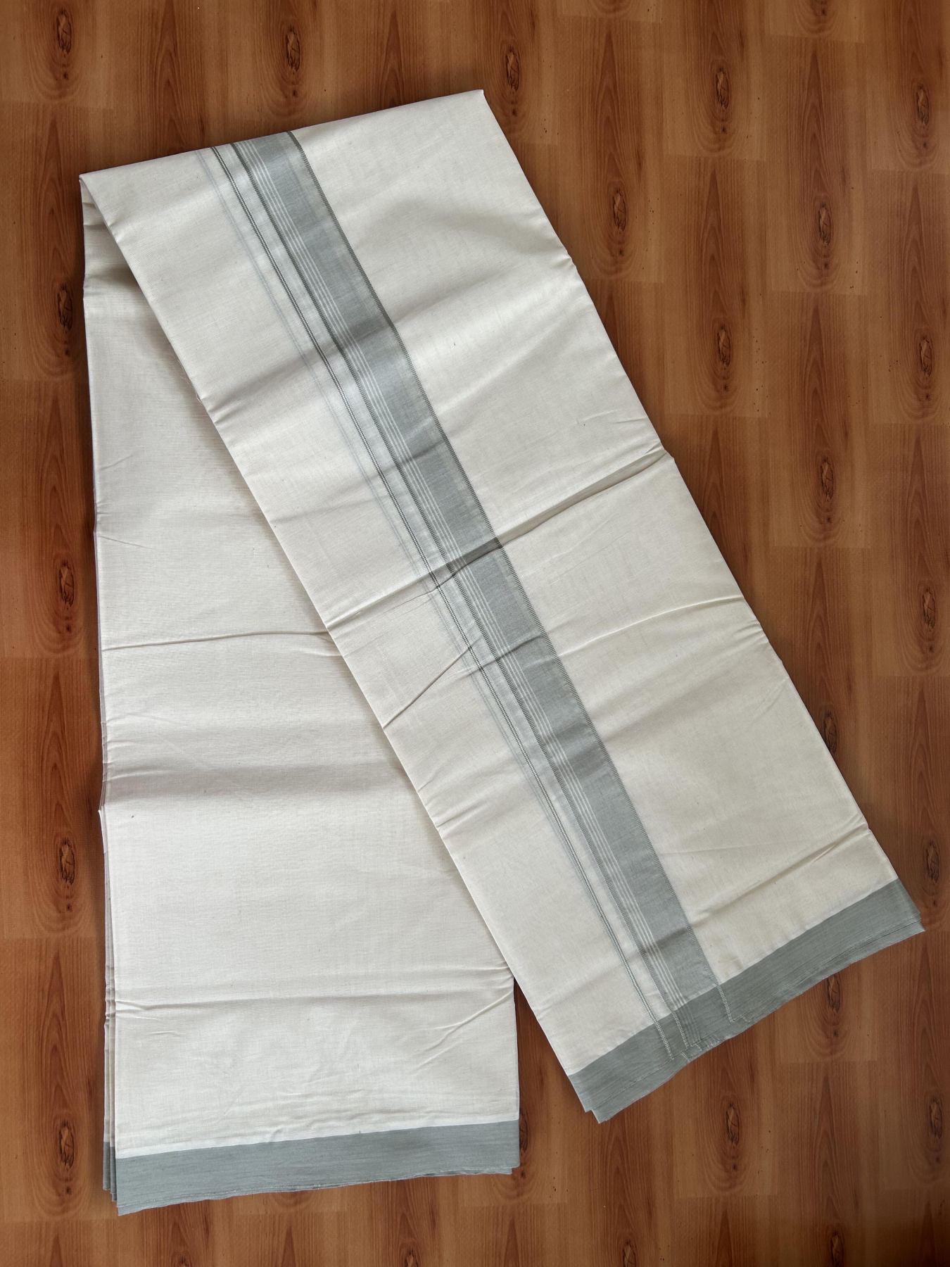 Double Off white (Unbleached) Mundu/Dhoti - 20% Discount KaithariKada Balaramapuram 100% Cotton - 100x100 - 1.25 inch Ash Green Shaded Striped Kara - 33 KK5392 ASH