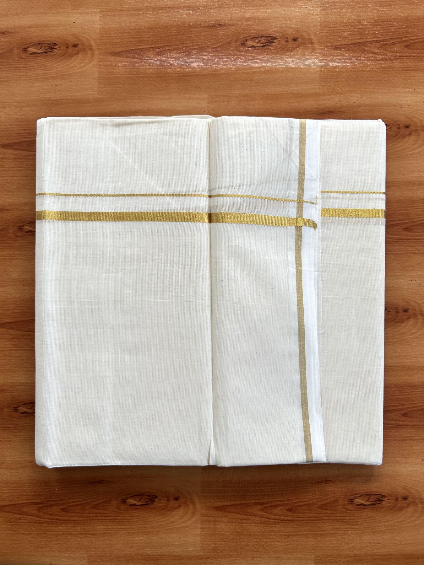 Double Off White (Unbleached) Mundu/Dothi- 20% Discount! Kaitharikada Balaramapuram Pure Cotton - 100x80 - 0.3 inch Gold Kasav Kara 4 mtr (8.5 muzham) -  34 KK5452 THI