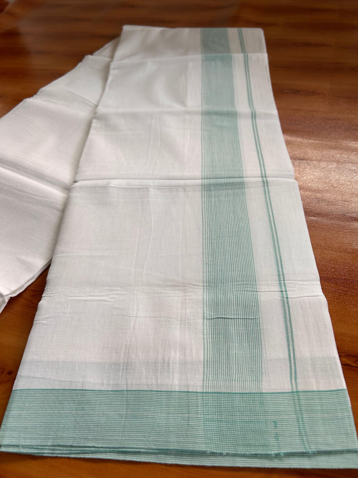 Double Pure White Mundu/Dhoti -20% Discount! KaithariKada 100% Cotton - 100x80 - 1.5 Inch Turquoise Green Striped Kara - 3.80 mtr (8 muzham) - 1 KK5519 PMC