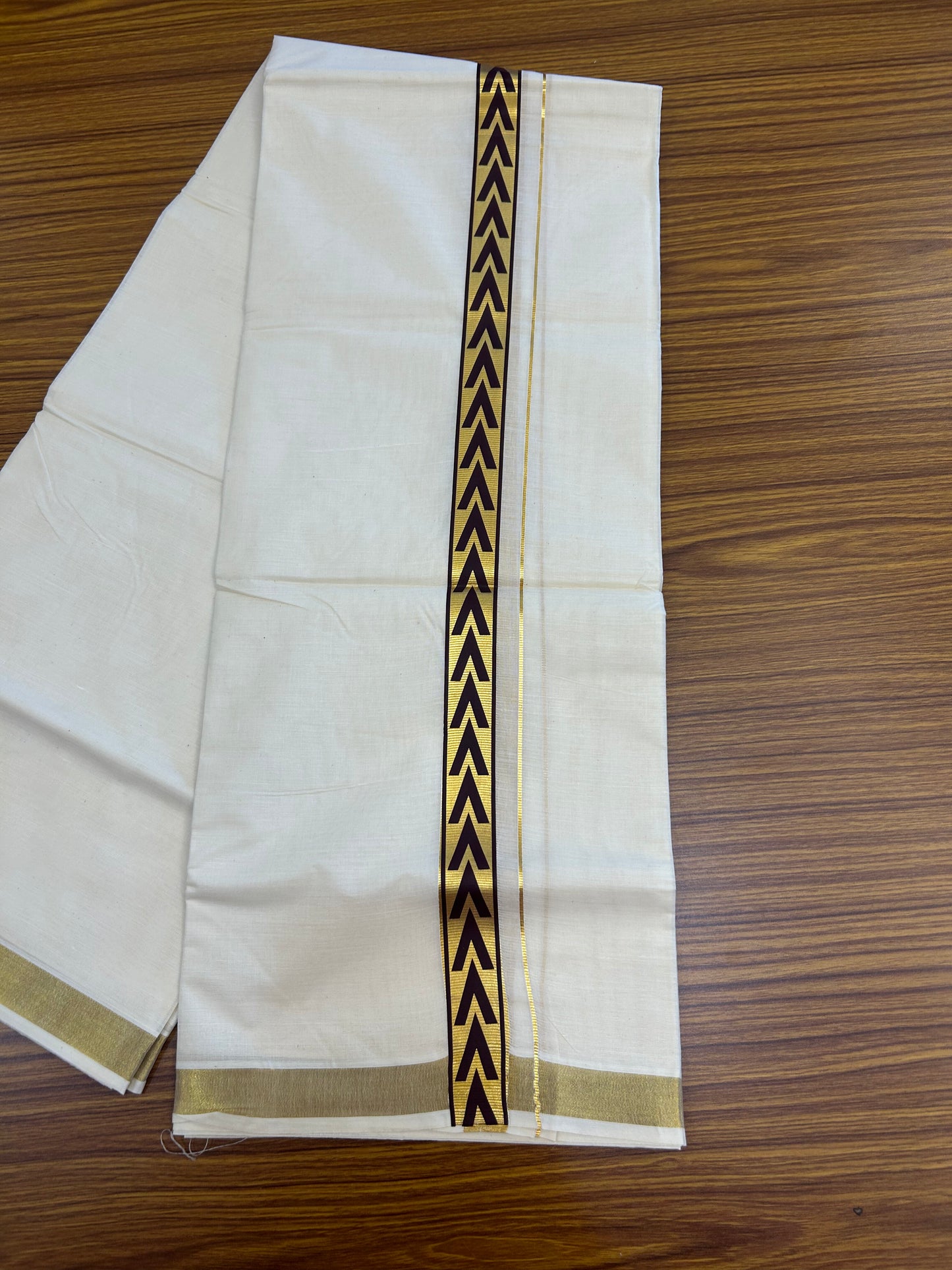 20% Discount!! KaithariKada Balaramapuram 100% Cotton Double Off White - (Unbleached) Mundu/Dhoti - 60x60 - 1 inch Gold Kasav with Chocolate Brown Arrow Printed Design Kara - 81 KK5362 GAN