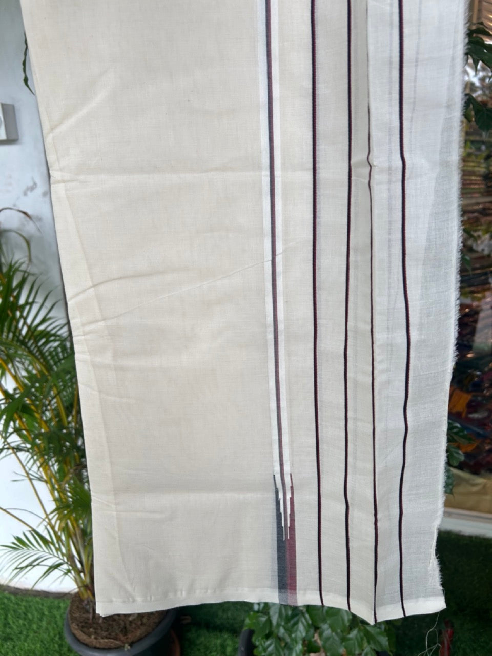 DMK Veshti -20% DISCOUNT! KaithariKada 100% Cotton off white Double - (Unbleached) Mundu/Dhoti - 100X100 - 5.75 inch Puliyilakkara Black & Maroon Chutty kara - 7KK5178ASH