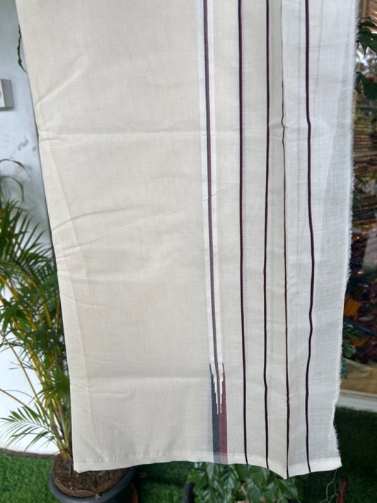 DMK Veshti -19% DISCOUNT! KaithariKada 100% Cotton off white Double - (Unbleached) Mundu/Dhoti - 100X100 - 5.75 inch Puliyilakkara Black & Maroon Chutty kara - 7KK5178ASH