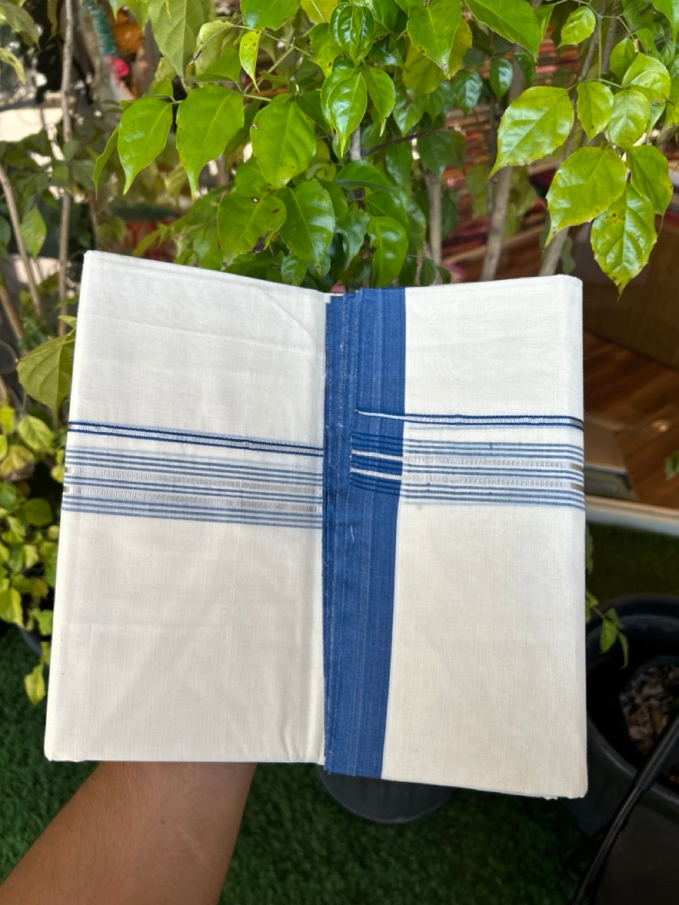 20% Discount KaithariKada Balaramapuram 100% Cotton Double Off white - (Unbleached) - Mundu/Dhoti - 100x100 - 1.25 inch Silver Kasav & Dark Blue Shaded Striped Kara - 1 KK5303 ASH