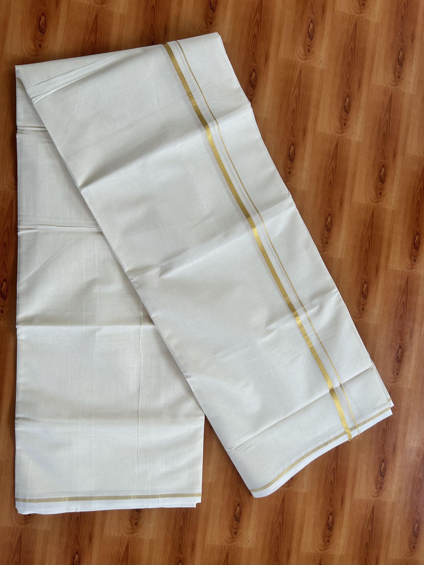 Double Off White (Unbleached) Mundu/Dothi- 20% Discount! Kaitharikada Balaramapuram Pure Cotton - 100x80 - 0.3 inch Gold Kasav Kara 4 mtr (8.5 muzham) -  34 KK5452 THI