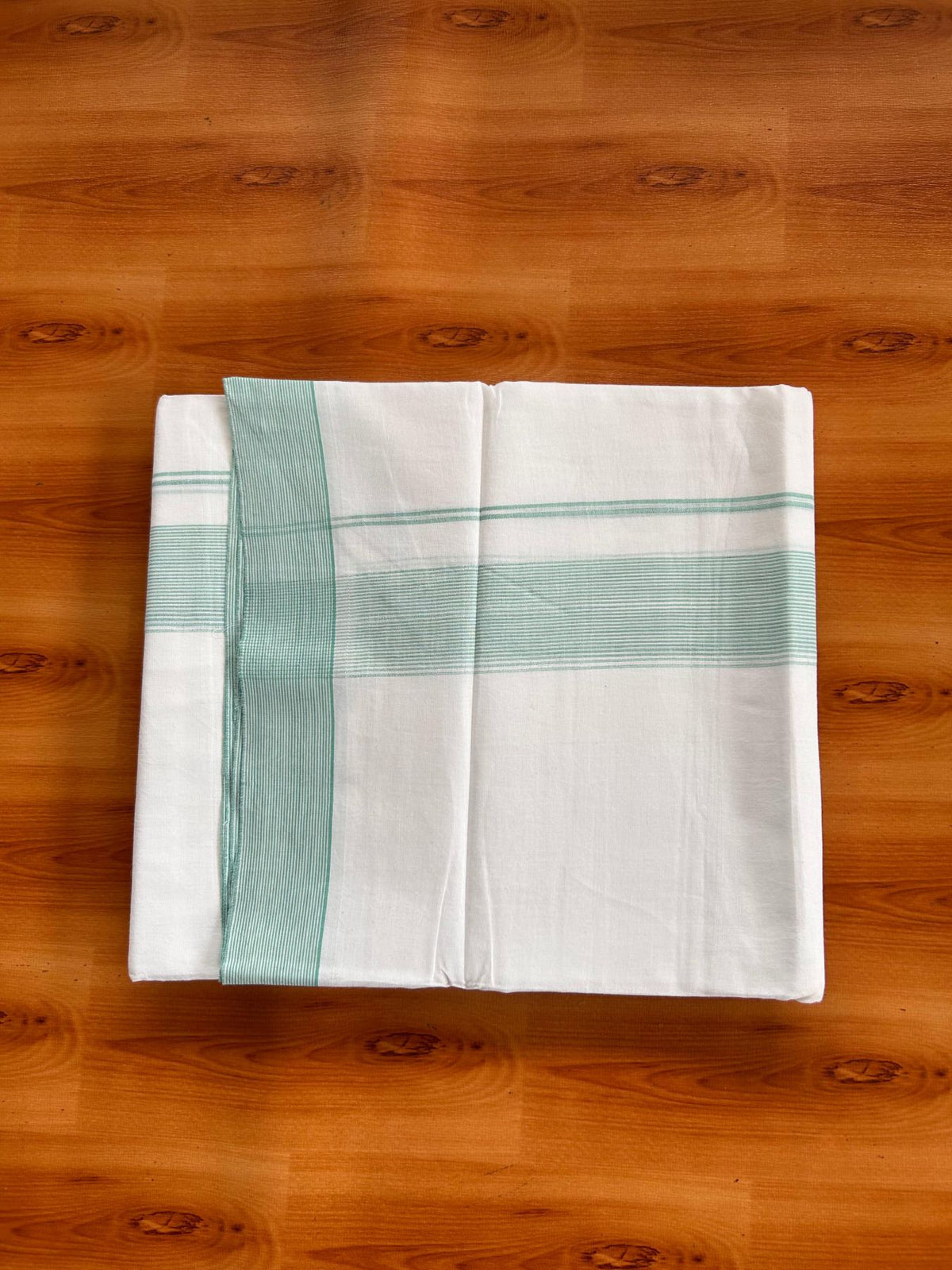 Double Pure White Mundu/Dhoti -20% Discount! KaithariKada 100% Cotton - 100x80 - 1.5 Inch Turquoise Green Striped Kara - 3.80 mtr (8 muzham) - 1 KK5519 PMC
