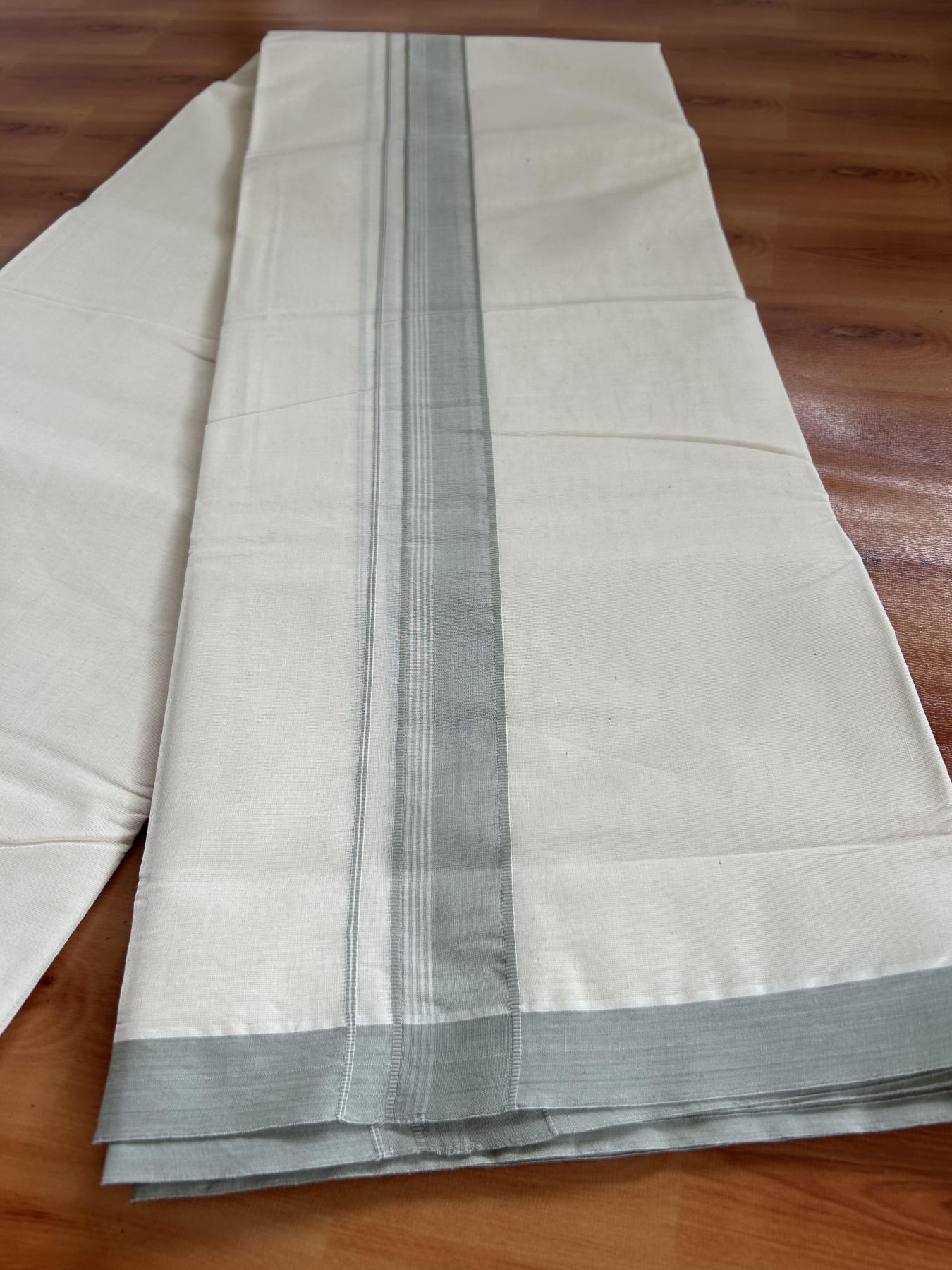 Double Off white (Unbleached) Mundu/Dhoti - 20% Discount KaithariKada Balaramapuram 100% Cotton - 100x100 - 1.25 inch Ash Green Shaded Striped Kara - 33 KK5392 ASH