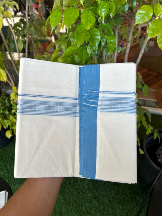 20% Discount KaithariKada Balaramapuram 100% Cotton Double Off white - (Unbleached) - Mundu/Dhoti - 100x100 - 1.25 inch Silver Kasav & Light Blue Shaded Striped Kara - 7 KK5303 ASH