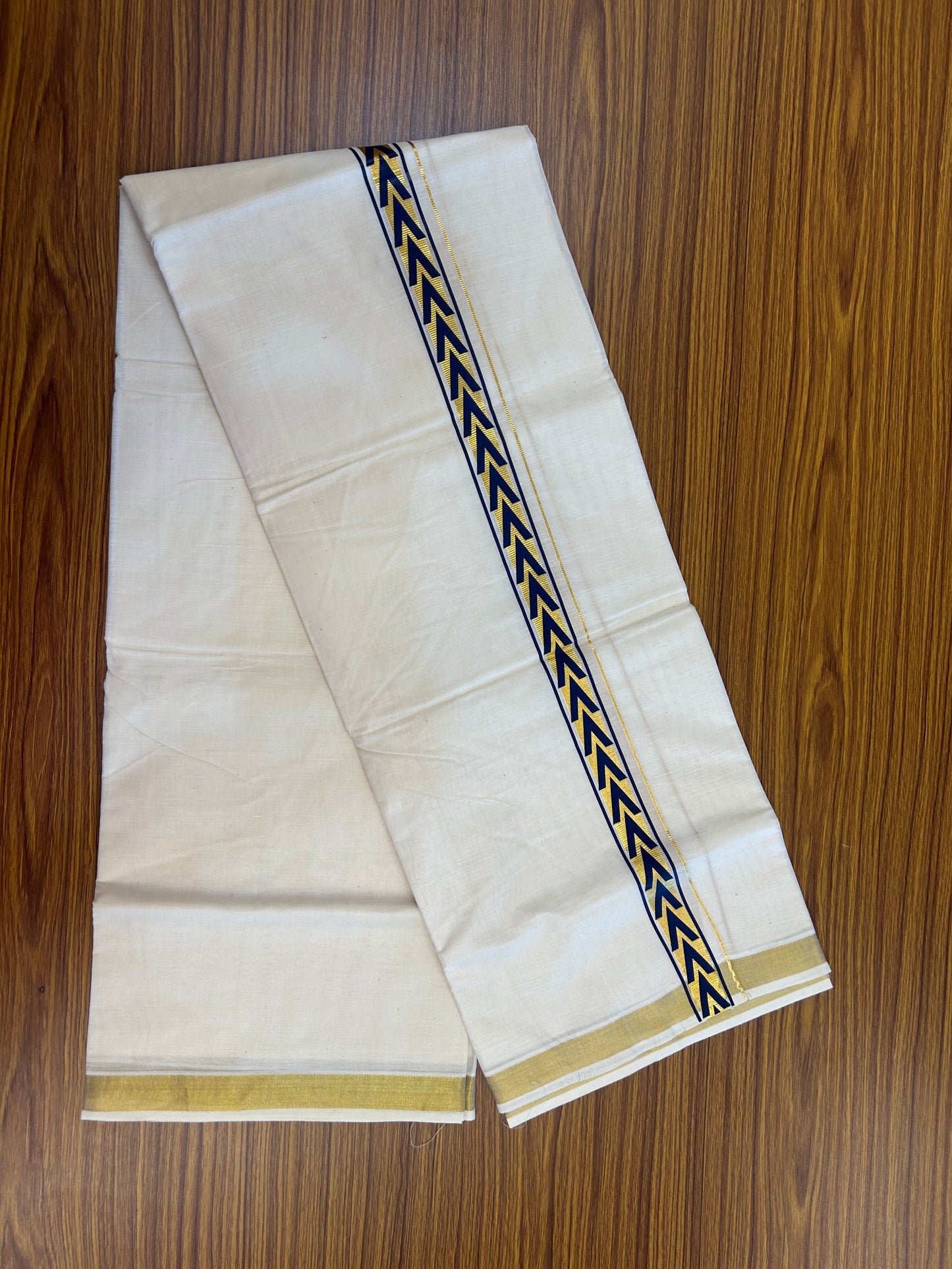 20% Discount!! KaithariKada Balaramapuram 100% Cotton Double Off White - (Unbleached) Mundu/Dhoti - 60x60 - 1 inch Gold Kasav with Dark Blue Arrow Printed Design Kara - 79 KK5362 GAN
