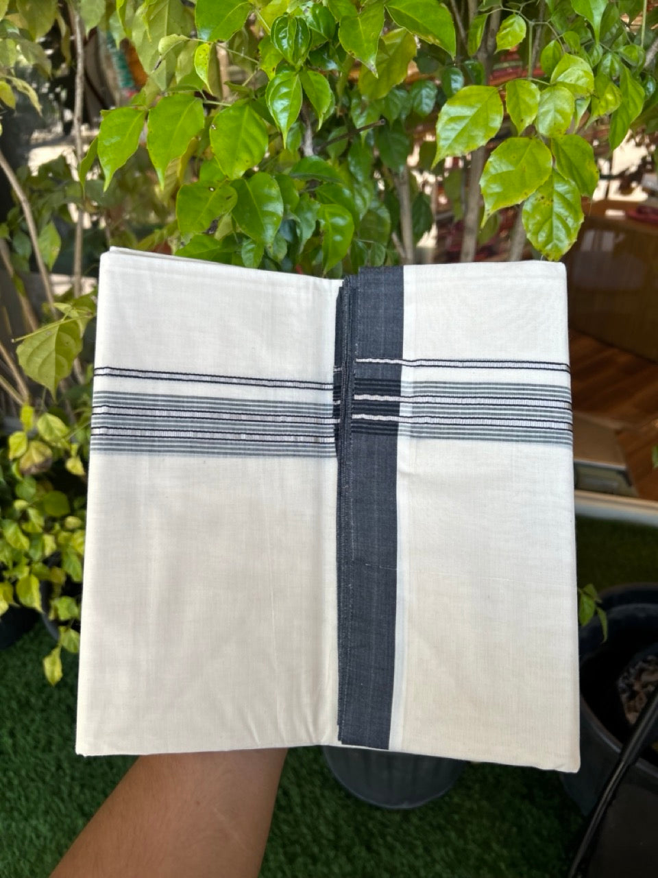 20% Discount KaithariKada Balaramapuram 100% Cotton Double Off white - (Unbleached) - Mundu/Dhoti - 100x100 - 1.25 inch Silver Kasav & Black Shaded Striped Kara - 8 KK5303 ASH