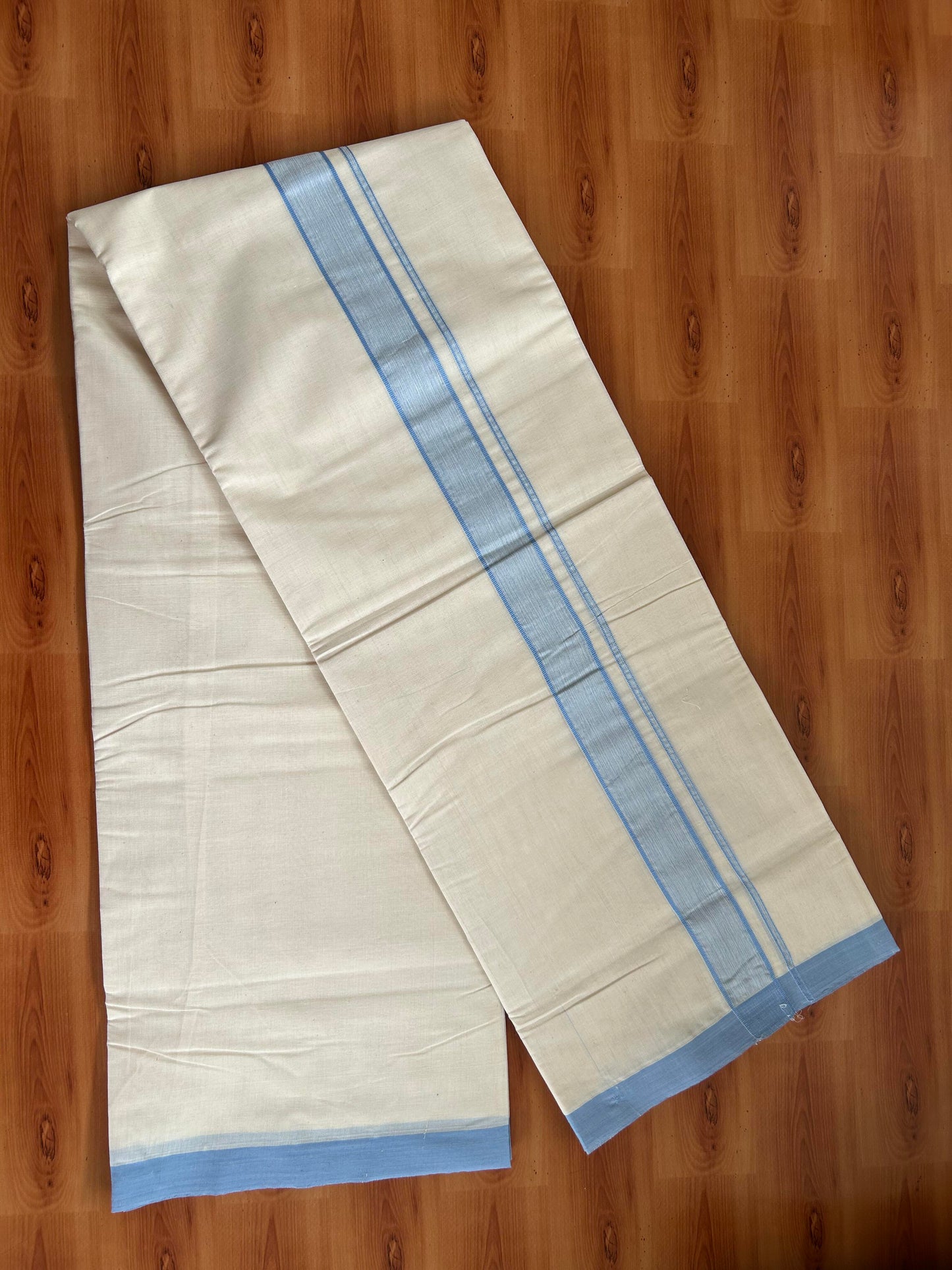 Double Off white (Unbleached) Mundu/Dhoti - 20% Discount KaithariKada Balaramapuram 100% Cotton - 100x100 - 1.25 inch Light Blue Shaded Kara - 44 KK5392 ASH
