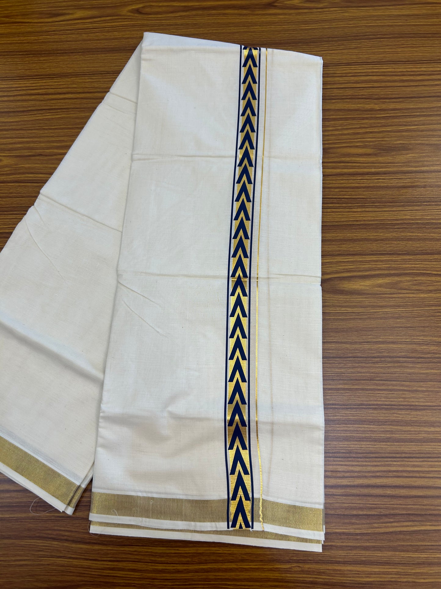 20% Discount!! KaithariKada Balaramapuram 100% Cotton Double Off White - (Unbleached) Mundu/Dhoti - 60x60 - 1 inch Gold Kasav with Dark Blue Arrow Printed Design Kara - 79 KK5362 GAN